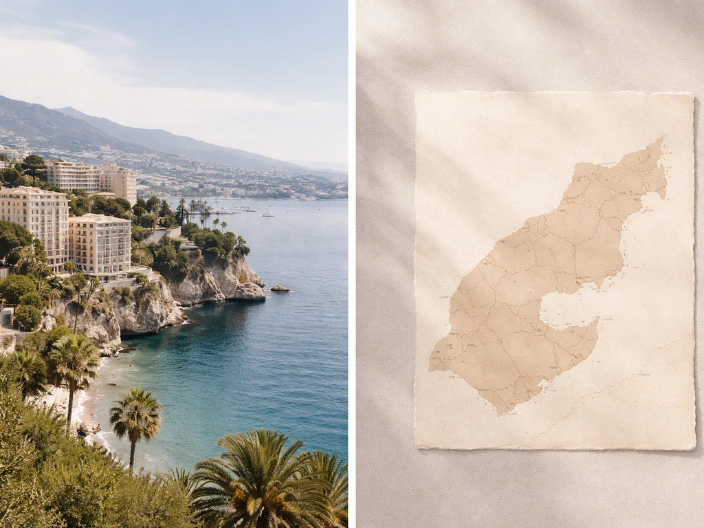 Minimal split view of Monaco-style coastline luxury and a generic historic land-holdings silhouette.