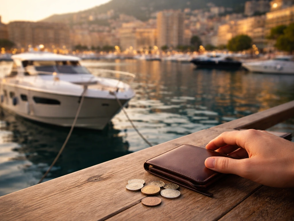 Coins and a wallet on a waterfront table with a moored yacht at golden hour, no people or text.