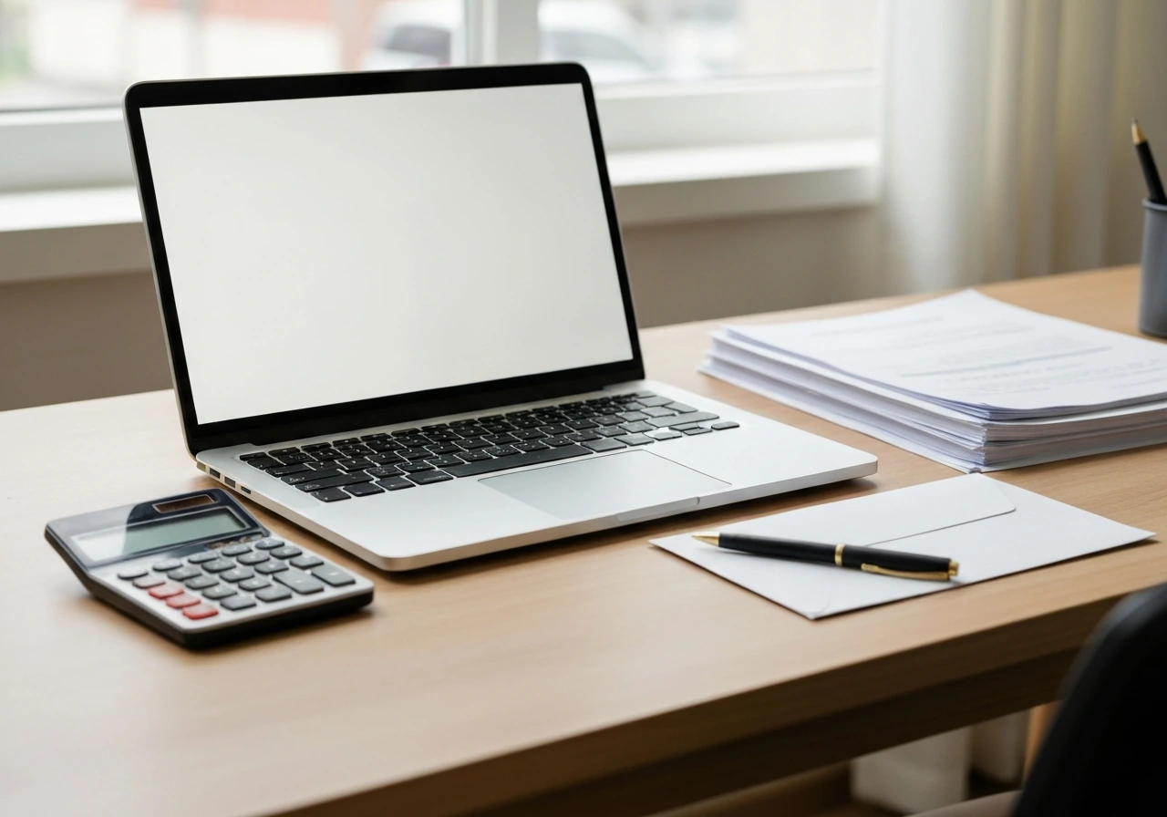 Minimal office desk with a calculator and envelope, suggesting careful financial estimation with limited data.