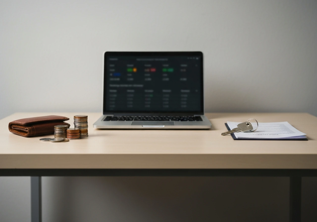 Minimal photo showing an anonymous desk setup with cash, a laptop, and a real-estate key to suggest net-worth methods.