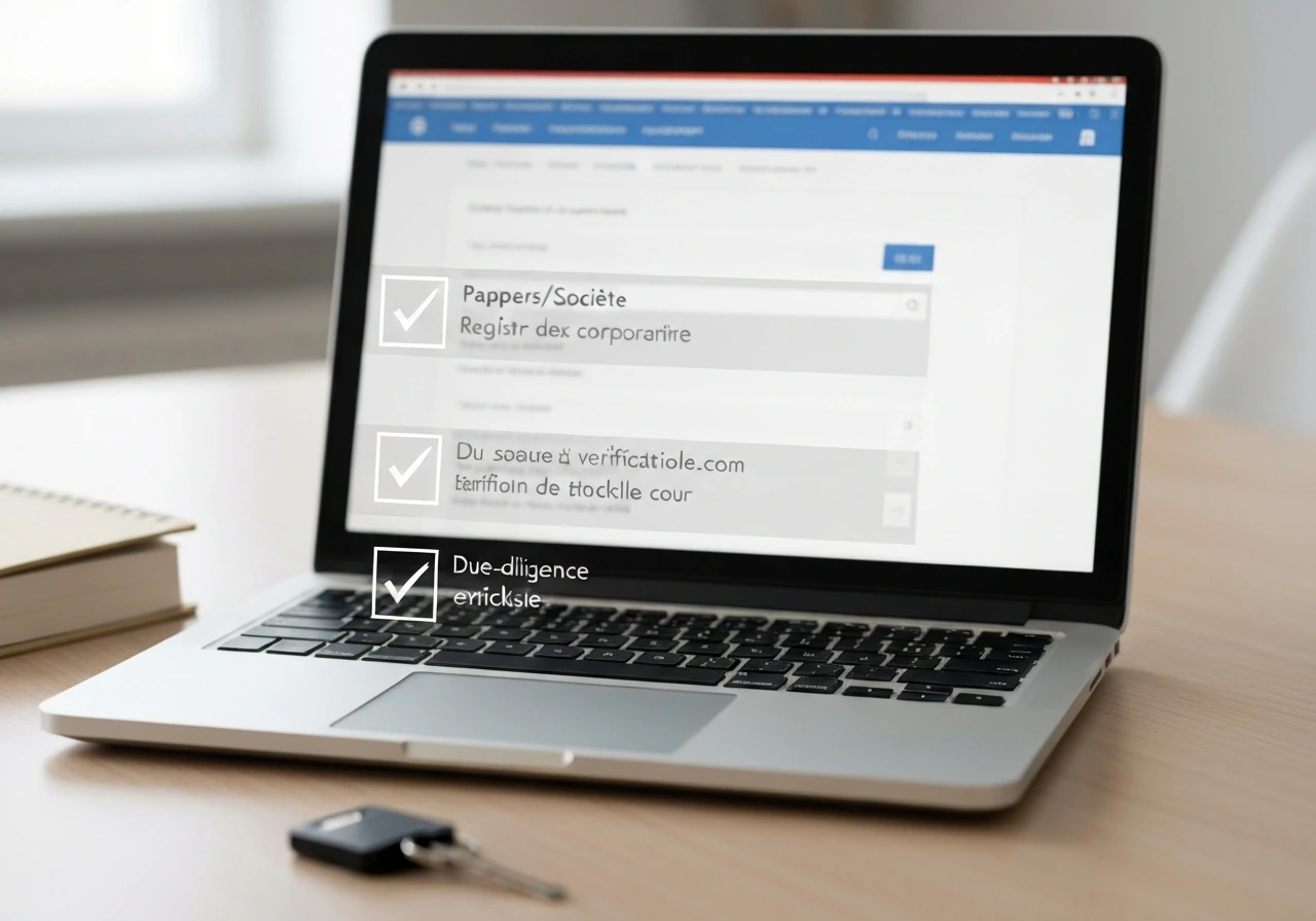Close-up of a laptop with a due-diligence checklist over a blurred French corporate registry site theme