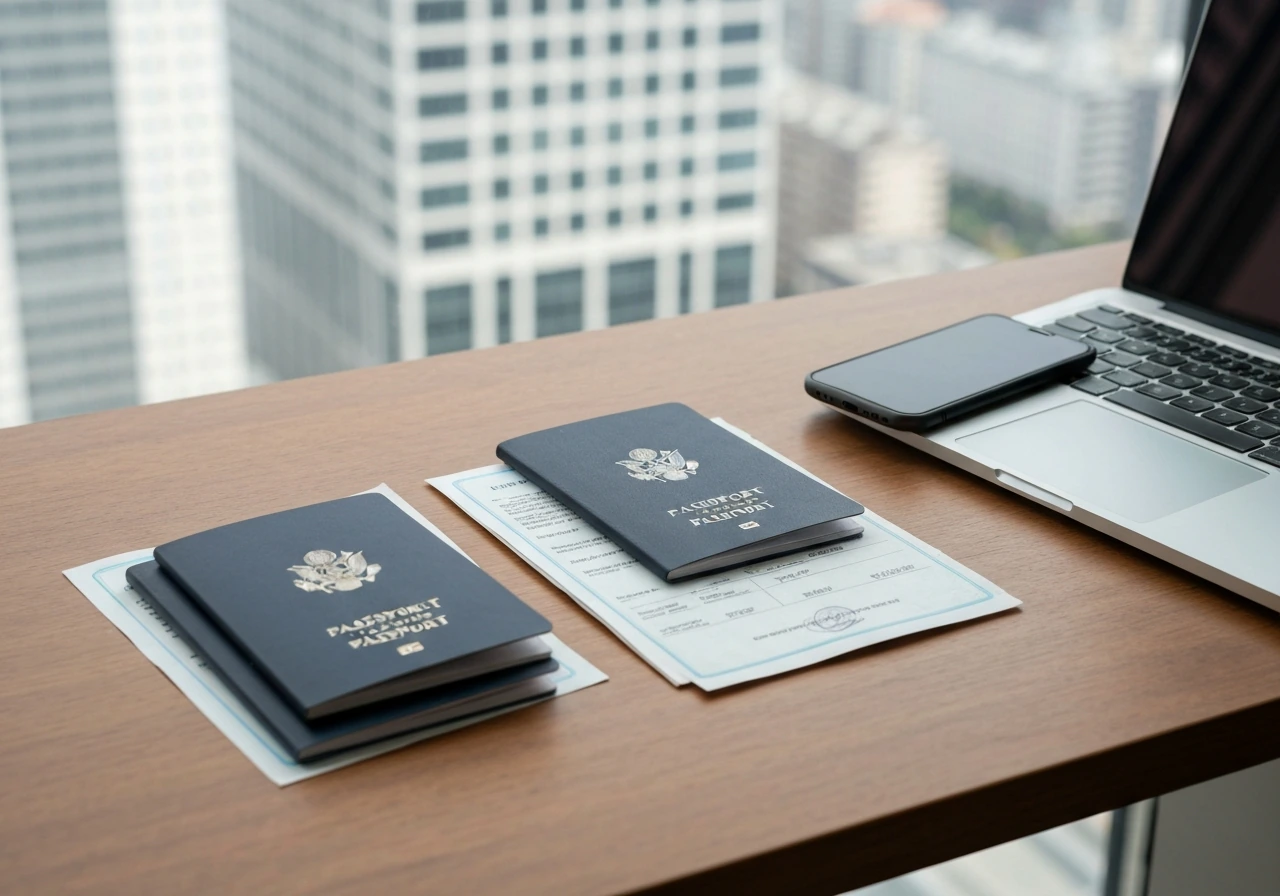 Minimal photo showing uncertain wealth matching: a desk with scattered passports and blurred city skyline in the backgro