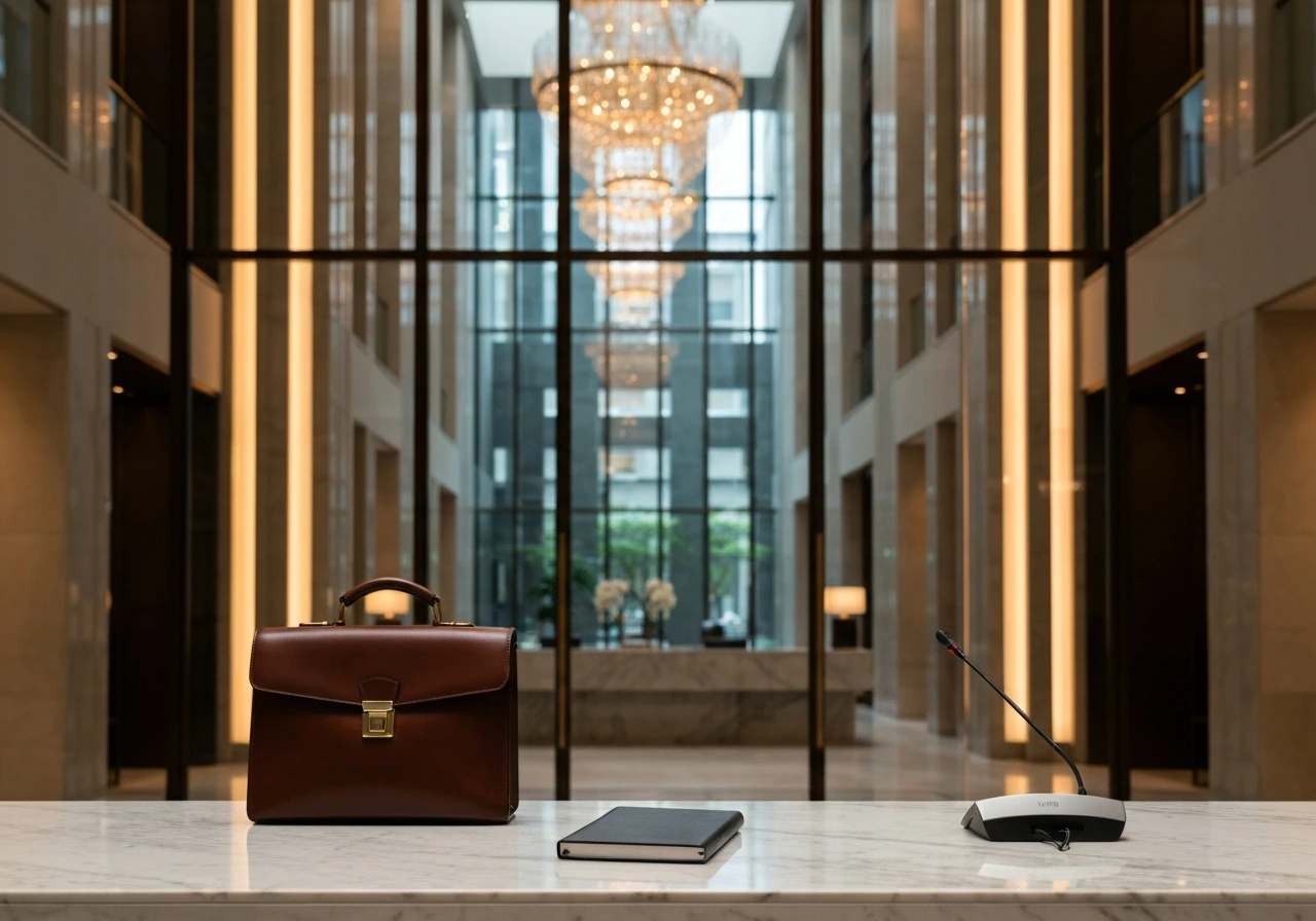 Luxury office scene with confident business atmosphere and blurred finance backdrop