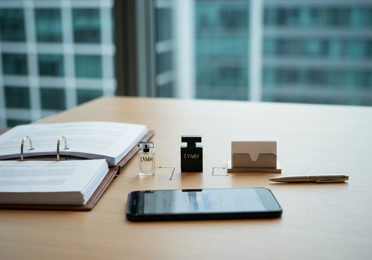 Luxury desk scene with generic corporate items suggesting ownership connections, no text or labels.