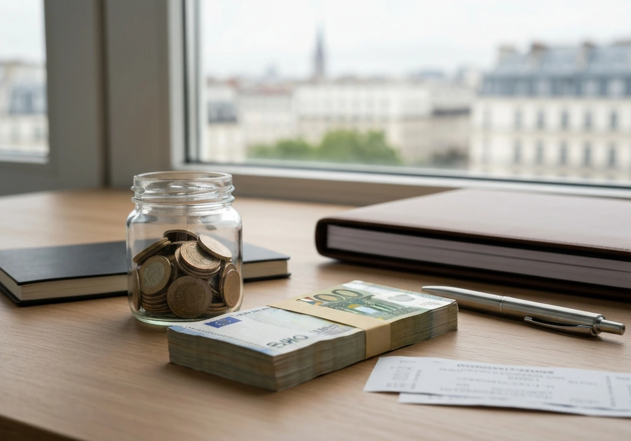 Close-up of a crisp euro banknote and a glass jar of coins on a tidy desk with a soft-focus city view.