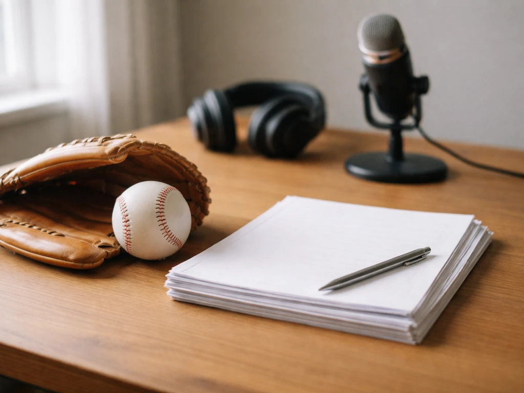 Baseball glove and blank contracts on a desk beside headphones and a microphone, symbolizing salary analysis.