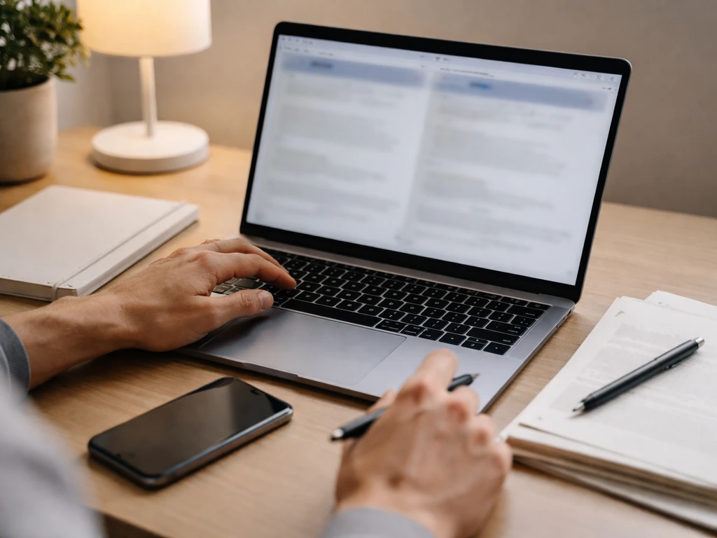 Person comparing two browser tabs with contract-style pages on a laptop, symbolic verification workflow
