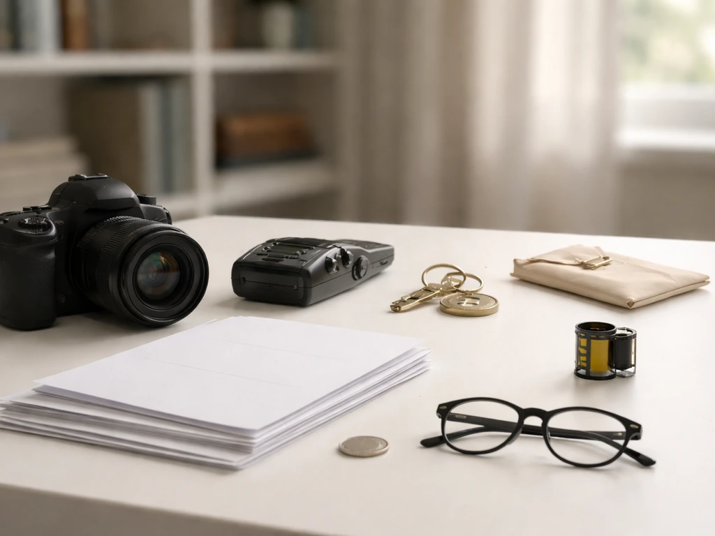 Minimal studio desk with camera gear and a coin-like token symbolizing triangulated net worth signals.