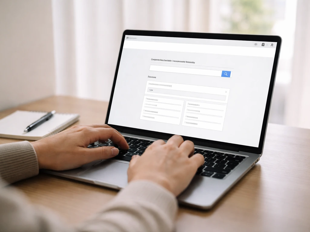 Hands checking a generic corporate registry on a laptop desk, with pen and notebook for verification.