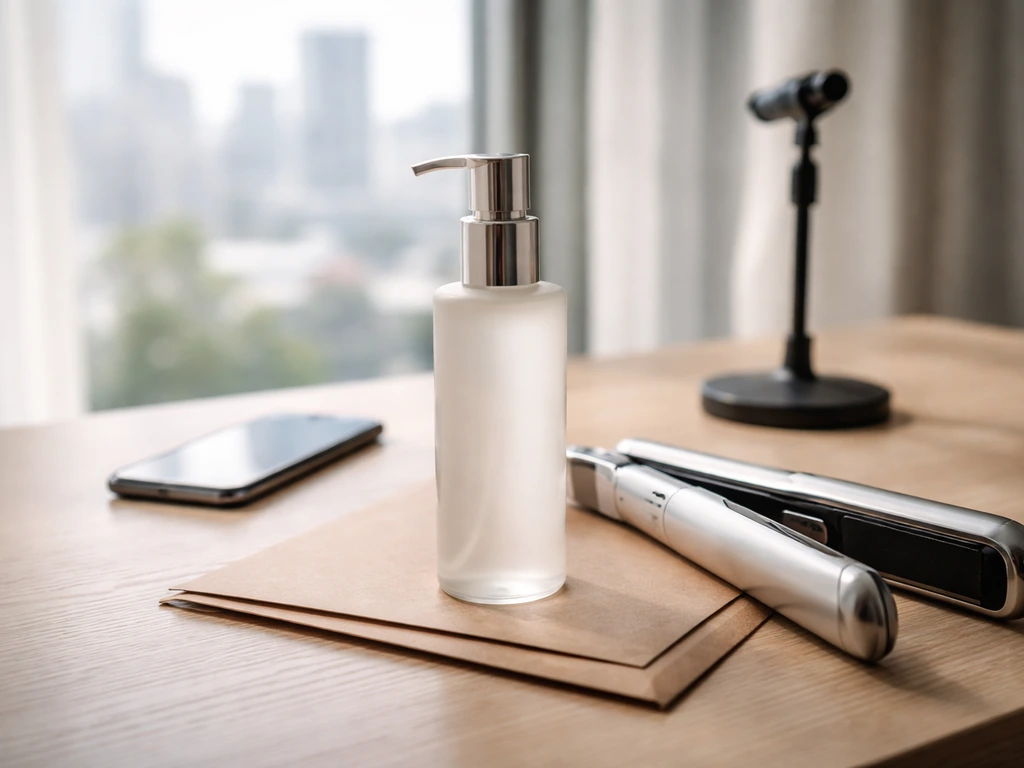 Minimal desk scene with luxury hair-care tools and a cash envelope symbolizing a beauty entrepreneur net-worth topic