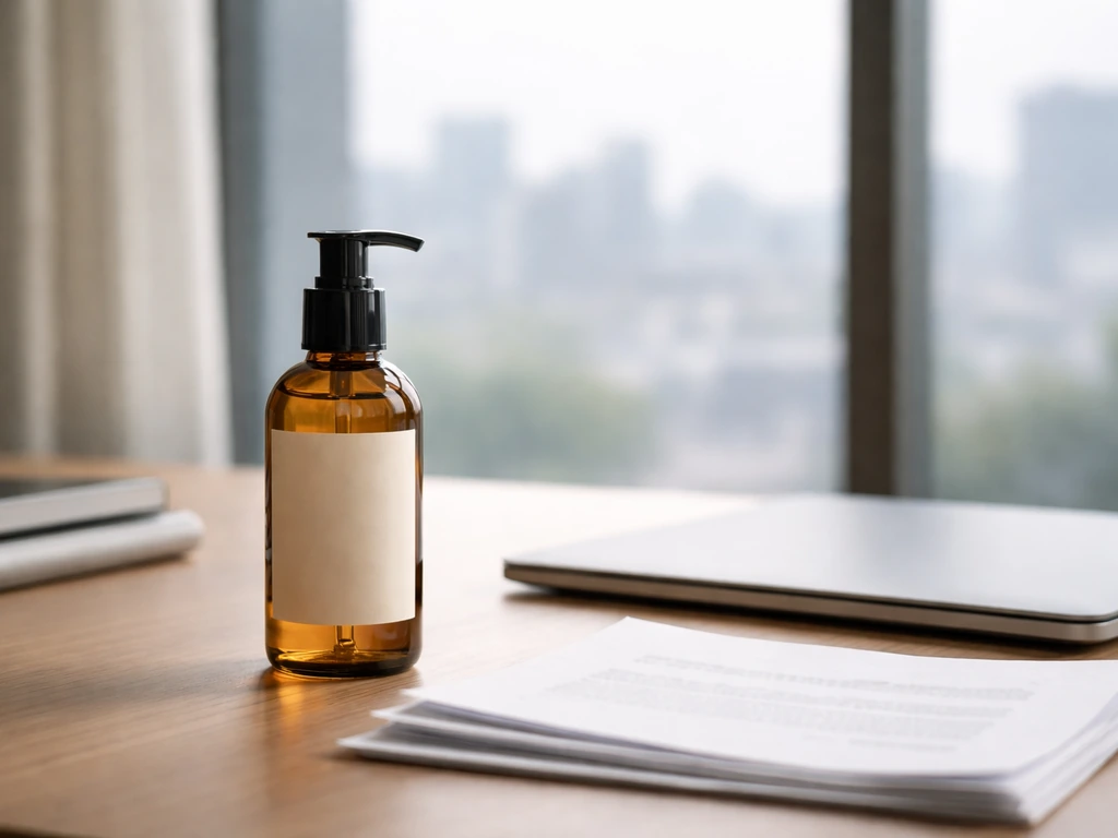 Minimal office scene with beauty product bottle and documents suggesting verified brand identity.