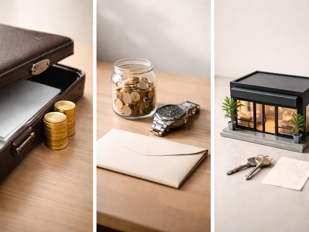 Minimal split-style photo scene showing deal proceeds, investment income, and retained business stake with objects.