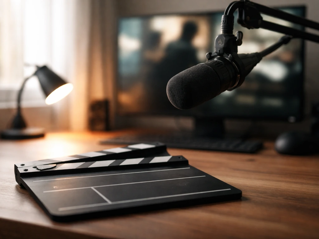 Editing studio desk with clapperboard and microphone, blurred screen in background, no people visible.