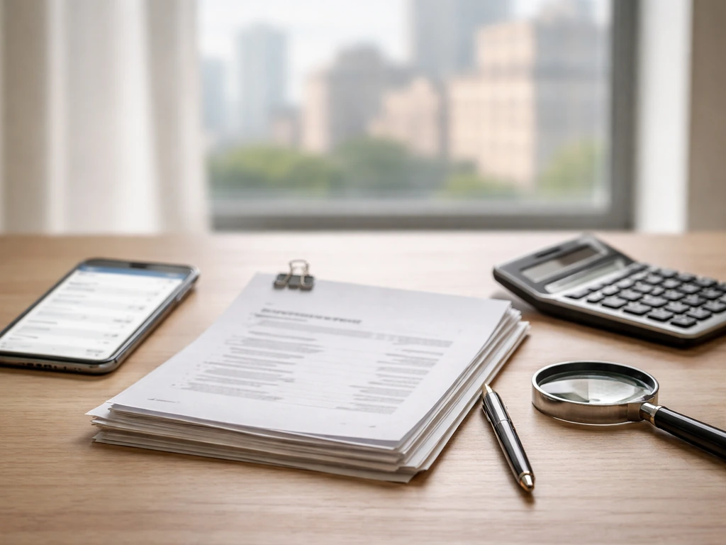 Minimal desk scene with documents, calculator, magnifying glass, and a blurred finance screen by a window.