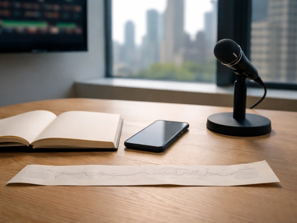 Minimal desk with notebook, phone, and blurred city view symbolizing shifting finance over time.