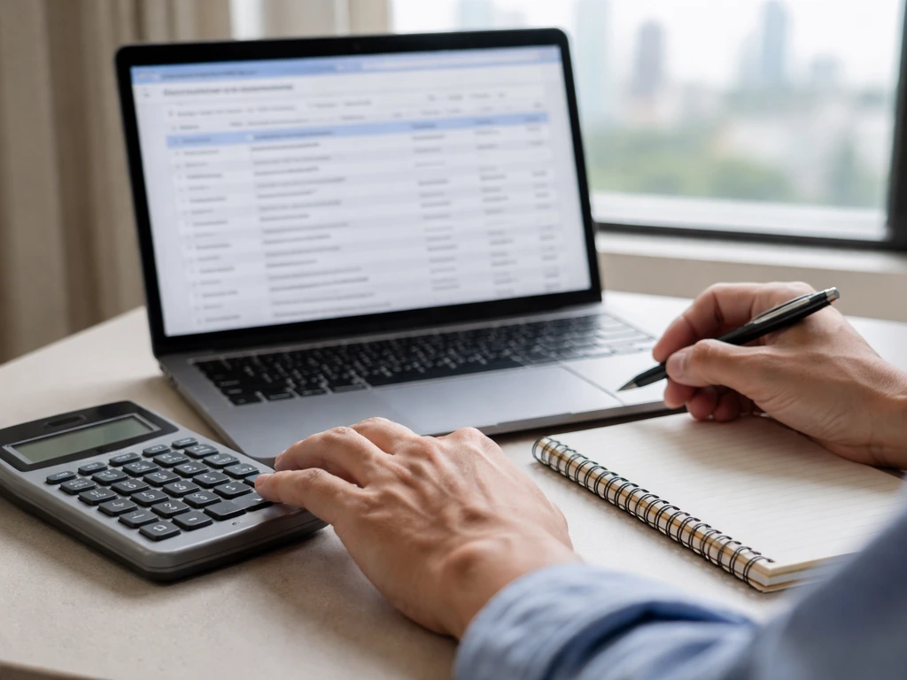Hands using a laptop with SEC-style corporate search page glow, simple desk scene for updating an estimate