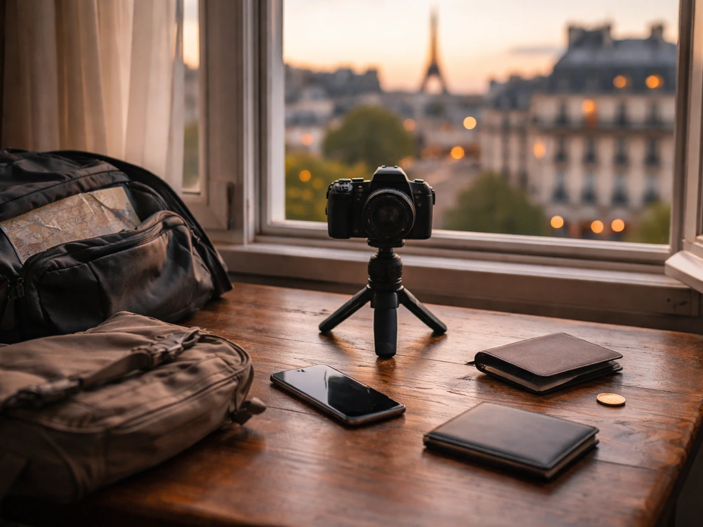 Empty travel-style desk with camera gear, notebook, and a city skyline glow suggesting media and wealth analysis