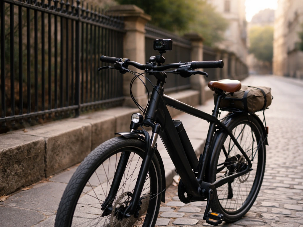 Minimal Paris street scene with an electric bicycle and action camera mount, no people shown.