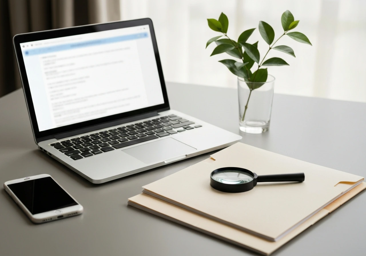 Desk with a laptop, magnifying glass, and folders symbolizing confirming the right identity online.