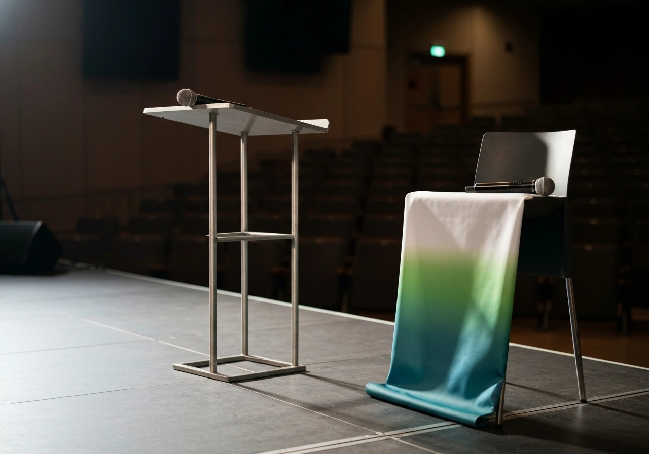 Empty conference speaking setup with a lectern, microphone, and plain climate banner fabric in soft light.