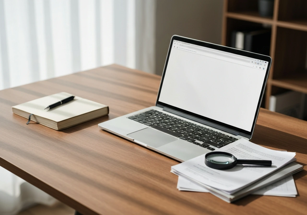 Minimal desk with official documents, a magnifying glass, and a laptop for verifying company records.