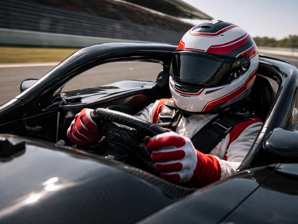 Racing driver in an F1 car mid-corner at a track during a race event, motion-blurred wheels.