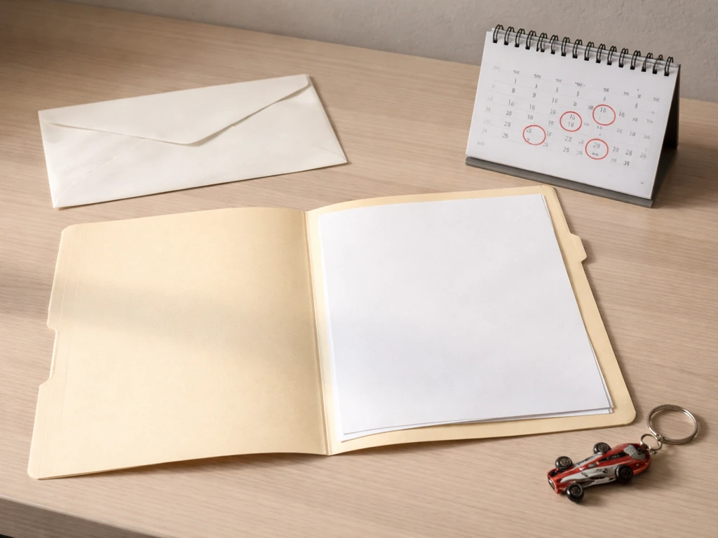 Close-up of a racing team contract folder with a calendar and a blank salary envelope on a desk