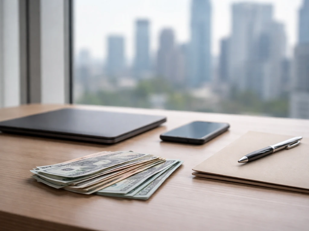 Minimal desk scene with laptop, smartphone, and money, symbolizing finance comparison.