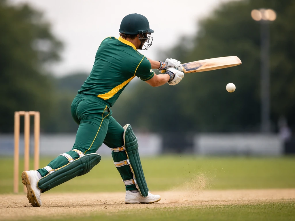 Cricketer in uniform mid-swing during a match, with wicket stumps and outfield in the background.