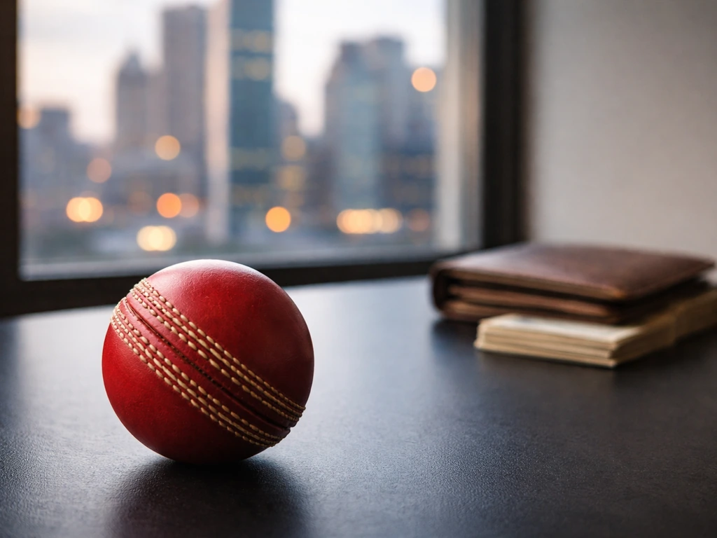 Minimal symbolic cricket and money scene with a blurred skyline and a solitary cricket ball