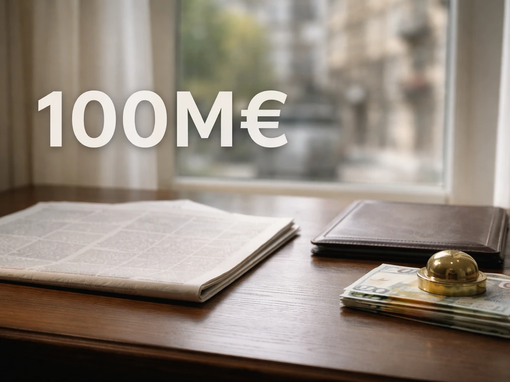 Minimal desk scene with blurred newspaper and euros, featuring a “100M€” overlay for the trusted figure.