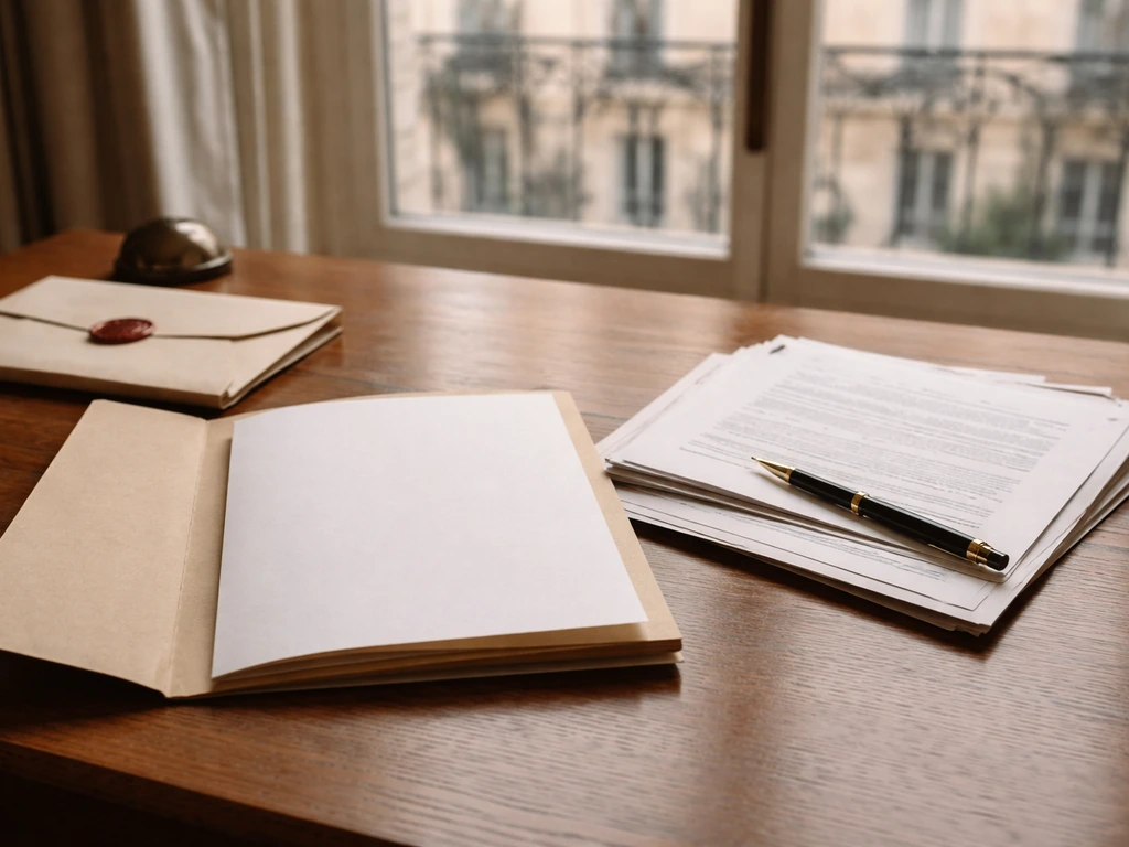 French office desk with blank succession paperwork and a sealed envelope, symbolizing estate documentation.