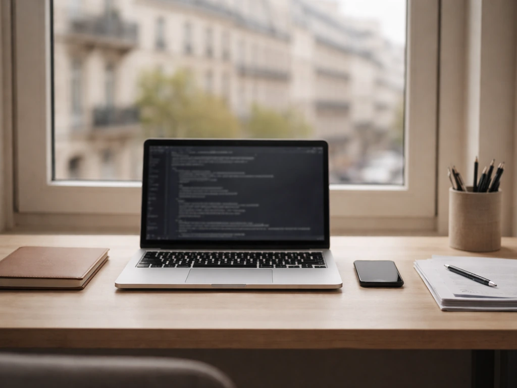 Minimal desk scene with laptop and documents near a window, symbolizing SEO work and financial estimation.