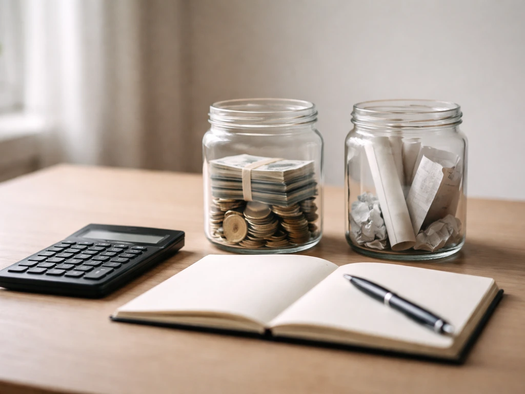 Minimal desk scene with coins and banknotes beside a calculator and blank receipts, symbolizing assets vs liabilities.