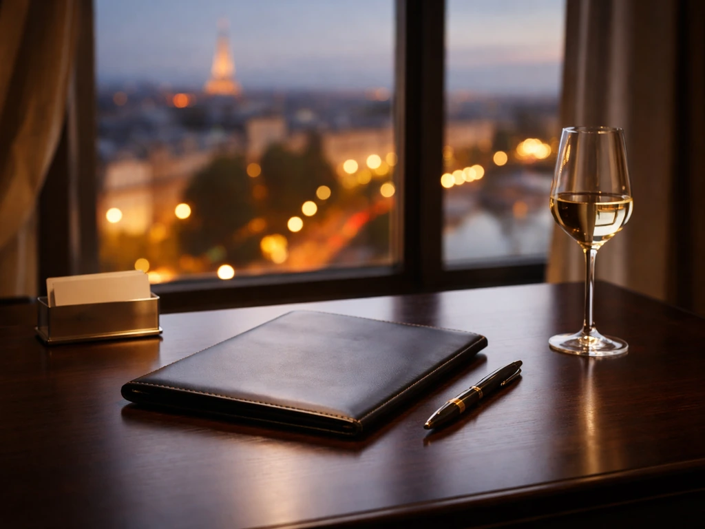 Luxury Paris office desk with a portfolio folder, wine glass, and blurred city lights hinting at business ownership.