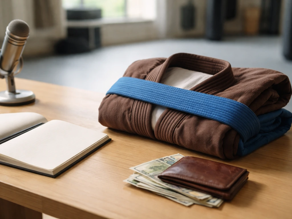 Minimal photo of a Brazilian jiu-jitsu gi and cash scattered on a clean desk for net-worth estimation theme.