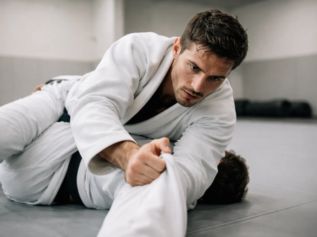 Brazilian jiu-jitsu fighter in a calm training gym, holding a gi sleeve grip during groundwork