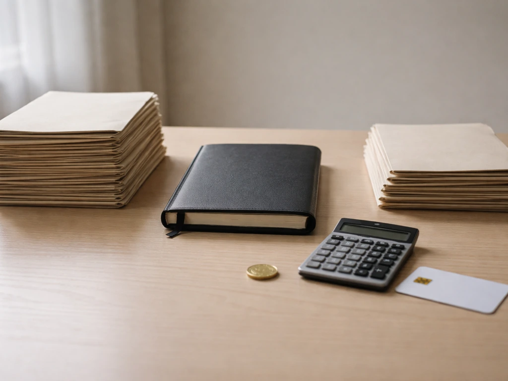 Minimal desk scene with ledger, calculator, and paper stacks symbolizing assets minus liabilities.