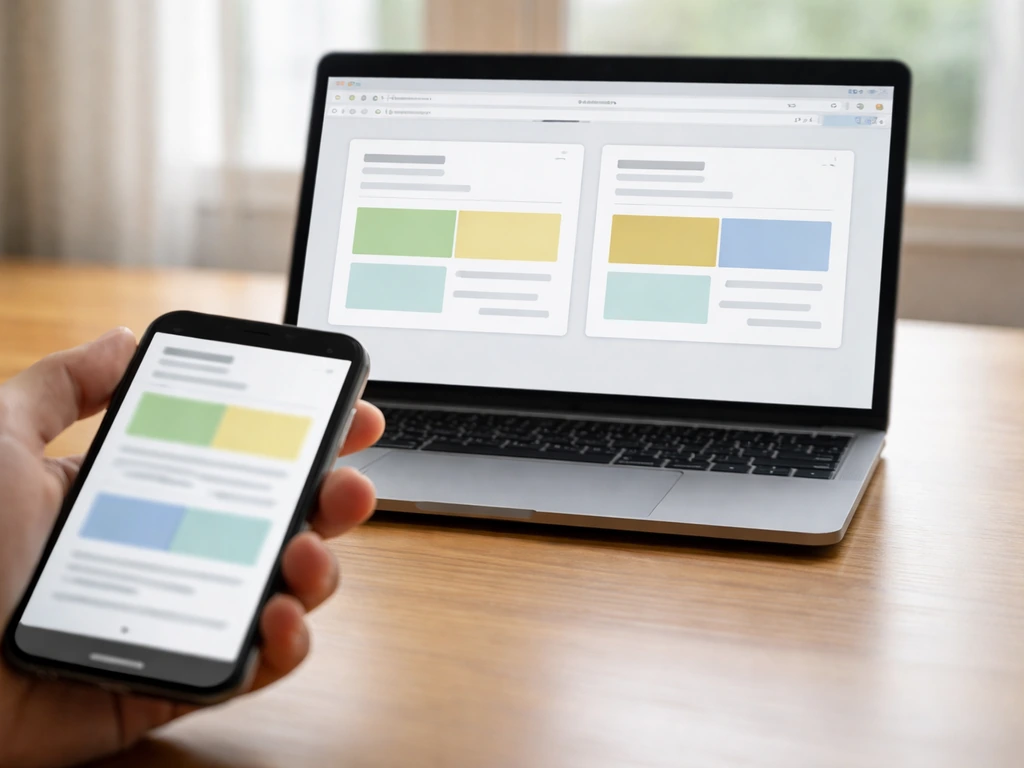Hand holding phone beside laptop showing two different finance pages with differing valuation dates and amounts