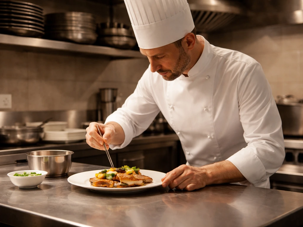 Chef in a quiet fine-dining kitchen, holding a chef’s knife, focused on plated food under warm lights.