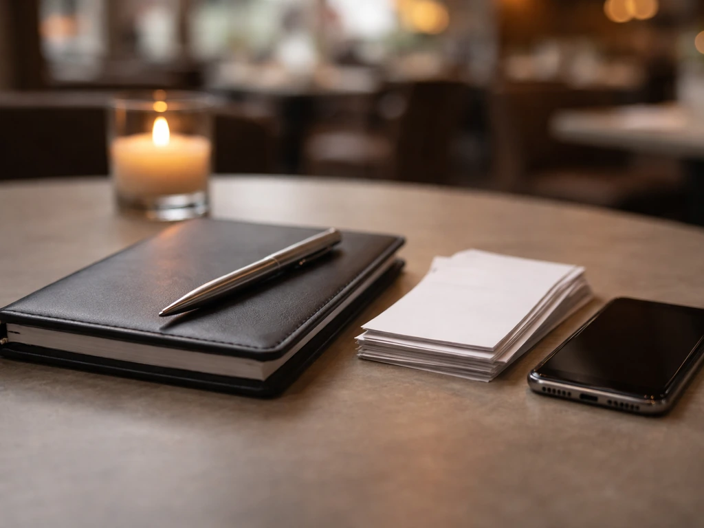 Warm restaurant finance desk with notebook, pen, receipts, and a blurred candle background.