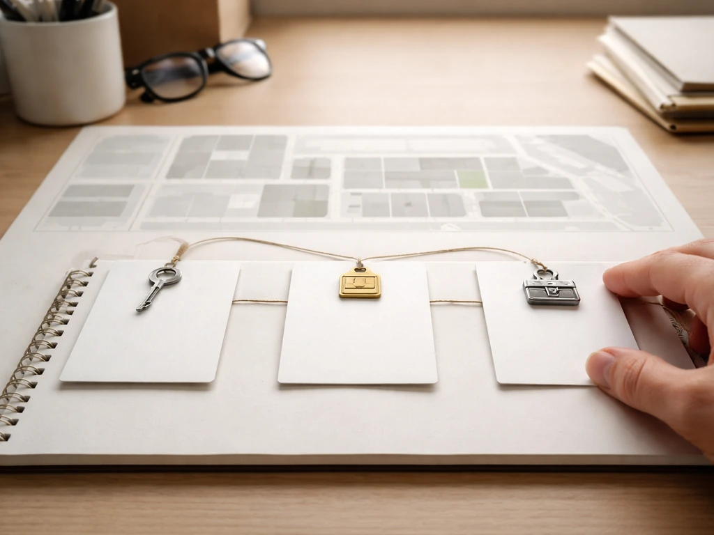 Minimal photo of a restaurant workspace with three clear expansion themes represented by objects and a simple map layout