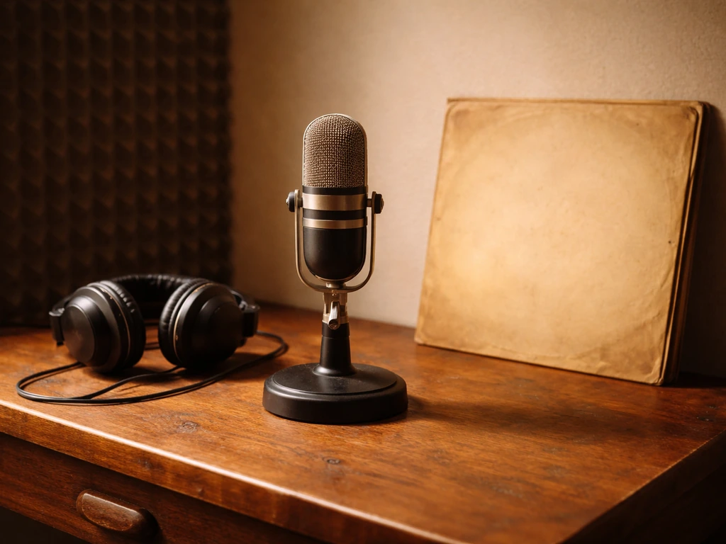 Vintage studio microphone, headphones, and an aged vinyl sleeve on a wooden desk.