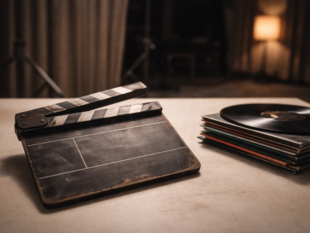 Vintage-style clapperboard beside a small stack of classic vinyl records on a film-set table
