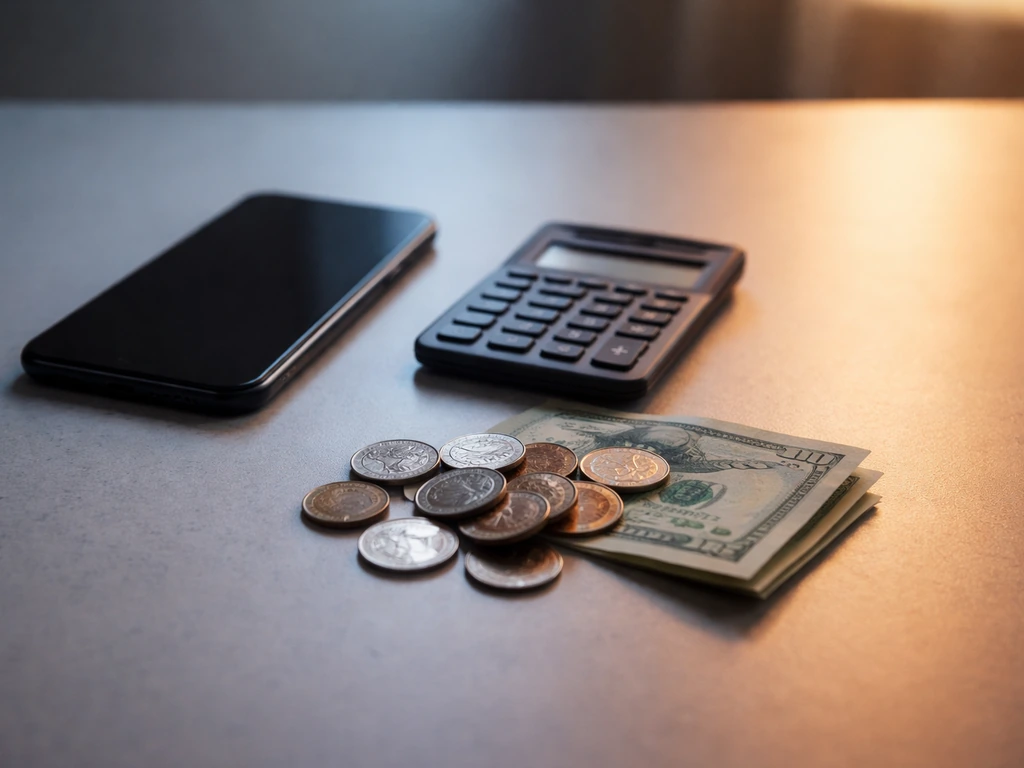 Minimal photo of a calculator, smartphone, and scattered coins with split lighting suggesting differing net-worth estima