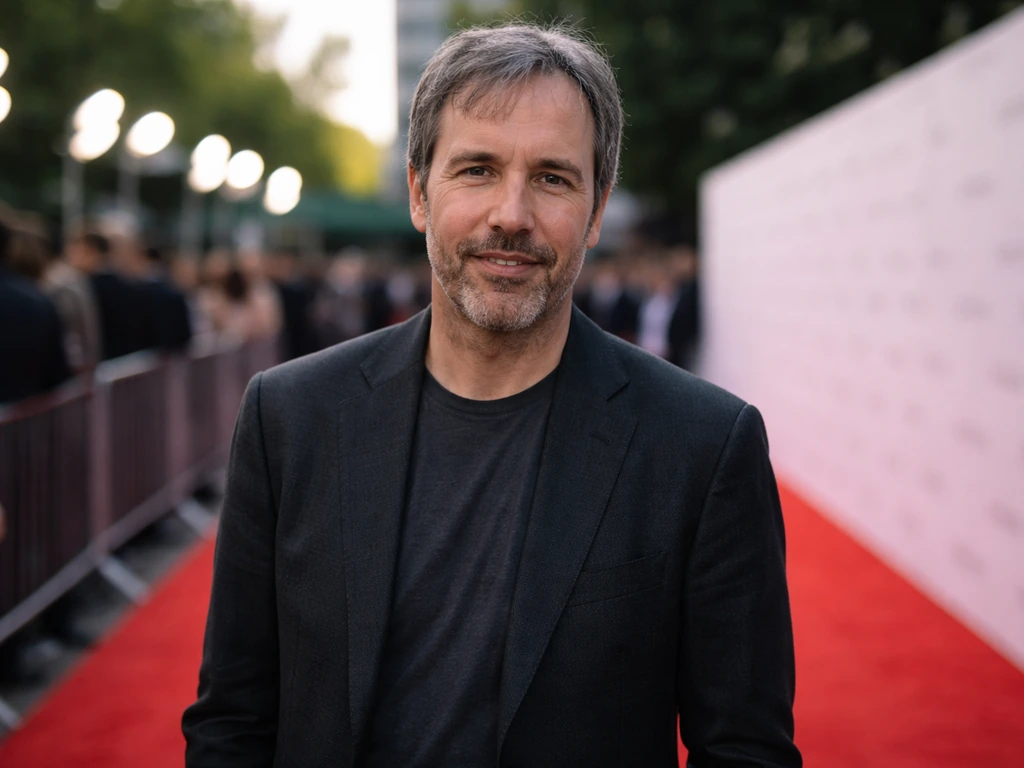Candid photo of Denis Villeneuve at a film event with a red-carpet backdrop, blurred crowd behind.