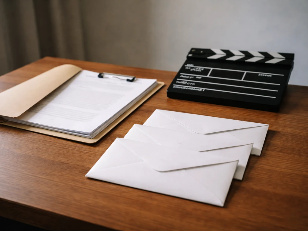 Close-up of a filmmaker’s desk with a film slate, contract folder, and three envelope-like payment slips symbolizing inc