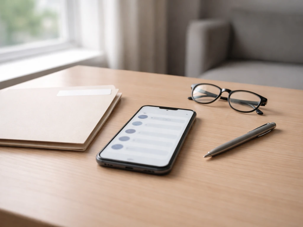 Minimal desk scene with a smartphone showing generic credit listings and a folder labeled personal items, no text readab