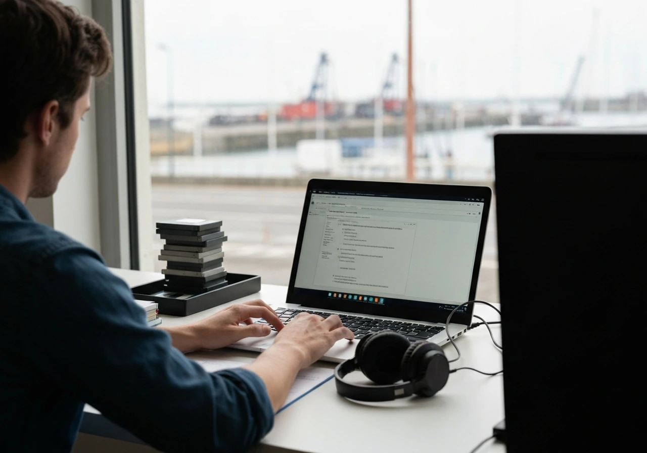 Back view of a person working at a laptop in a minimal tech office with vintage media on the desk.