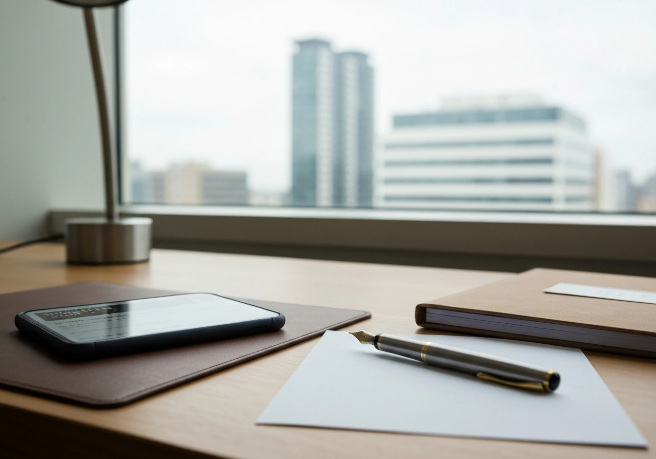 Minimal office desk with smartphone finance page blur and blank document, suggesting a shareholding filing review.